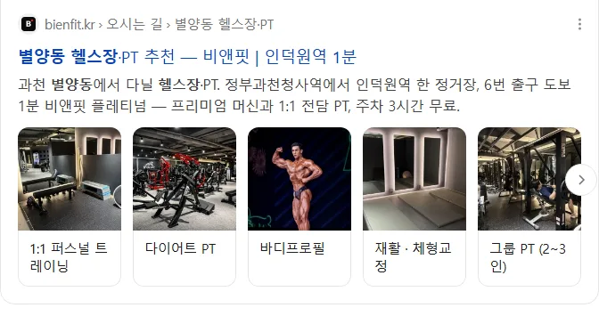 네이버 '별양동 헬스장' 검색 결과 — bienfit.kr이 1:1 퍼스널 트레이닝·다이어트 PT 등 프로그램 5종 이미지 카드로 노출